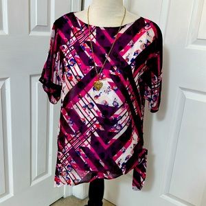 *Dana Buchman* Pink / Purple Floral Polyester Short Sleeve Blouse W/ Tie Size S